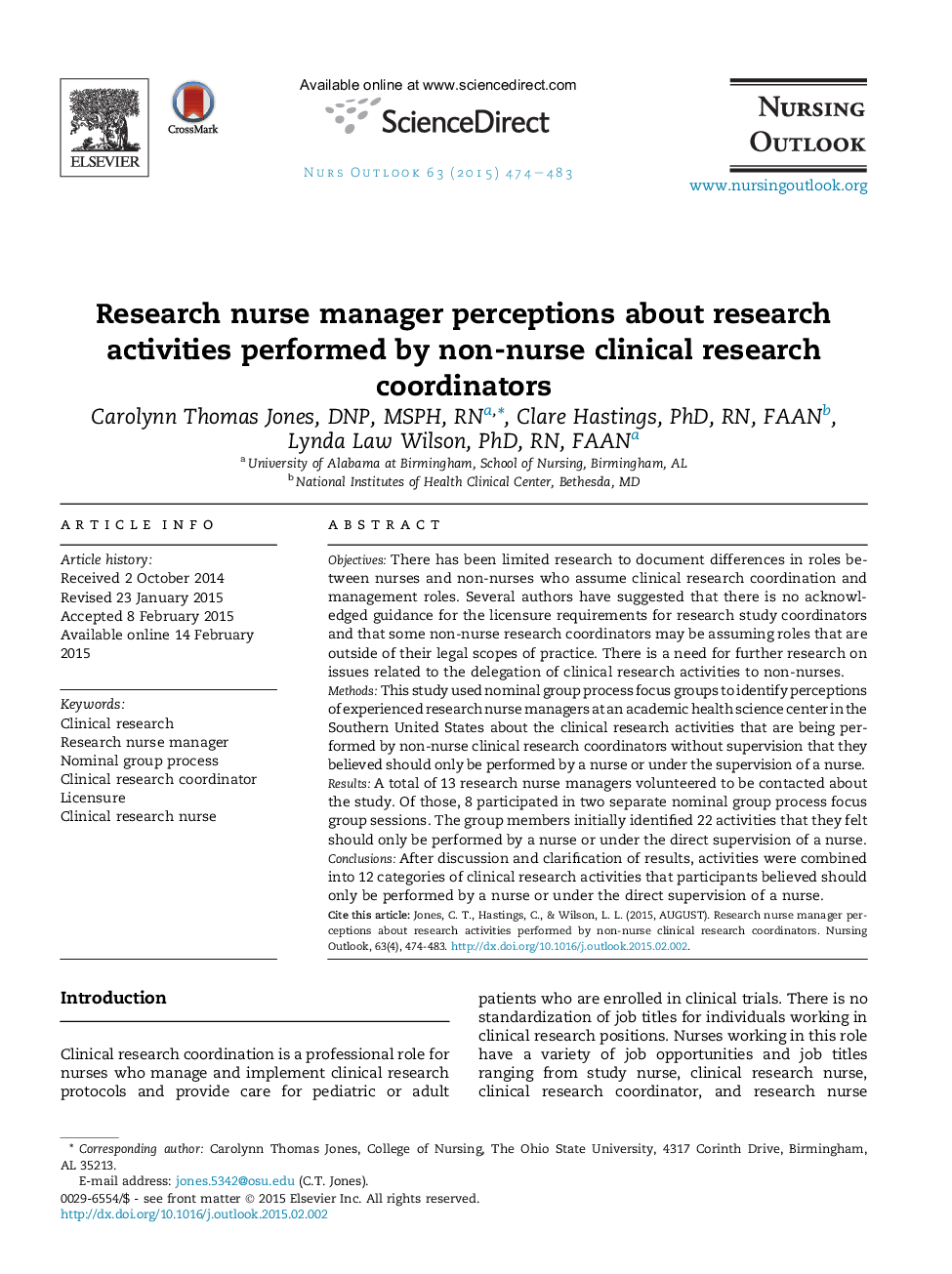 Research nurse manager perceptions about research activities performed by non-nurse clinical research coordinators