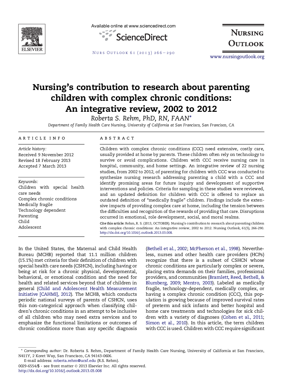 Nursing's contribution to research about parenting children with complex chronic conditions: An integrative review, 2002 to 2012