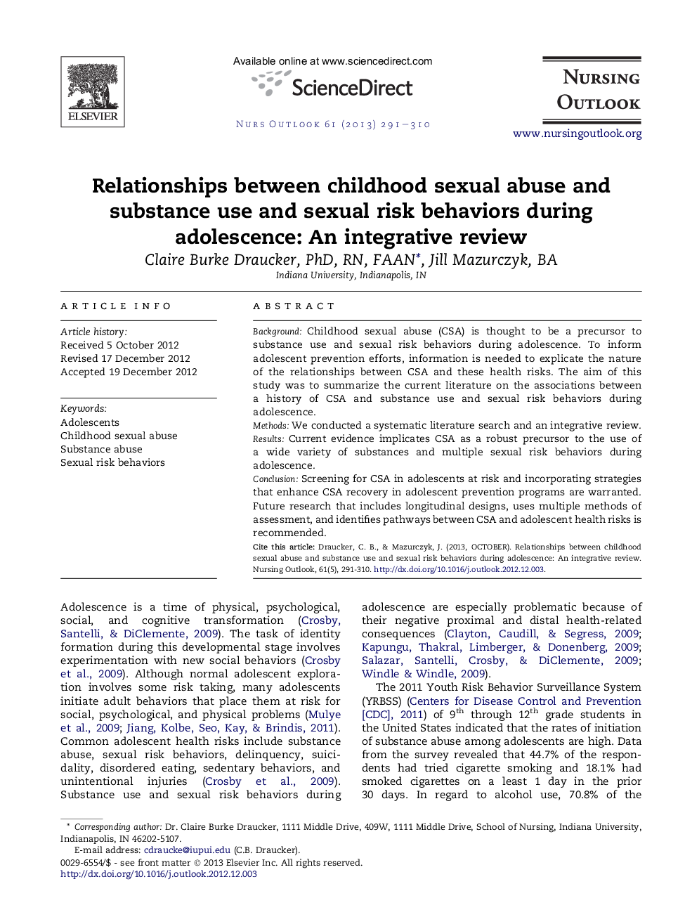 Relationships between childhood sexual abuse and substance use and sexual risk behaviors during adolescence: An integrative review