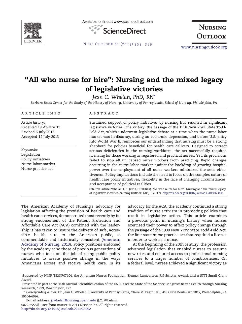 “All who nurse for hire”: Nursing and the mixed legacy of legislative victories 