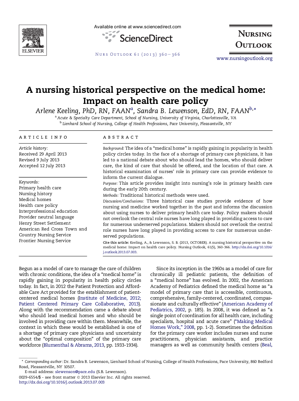A nursing historical perspective on the medical home: Impact on health care policy