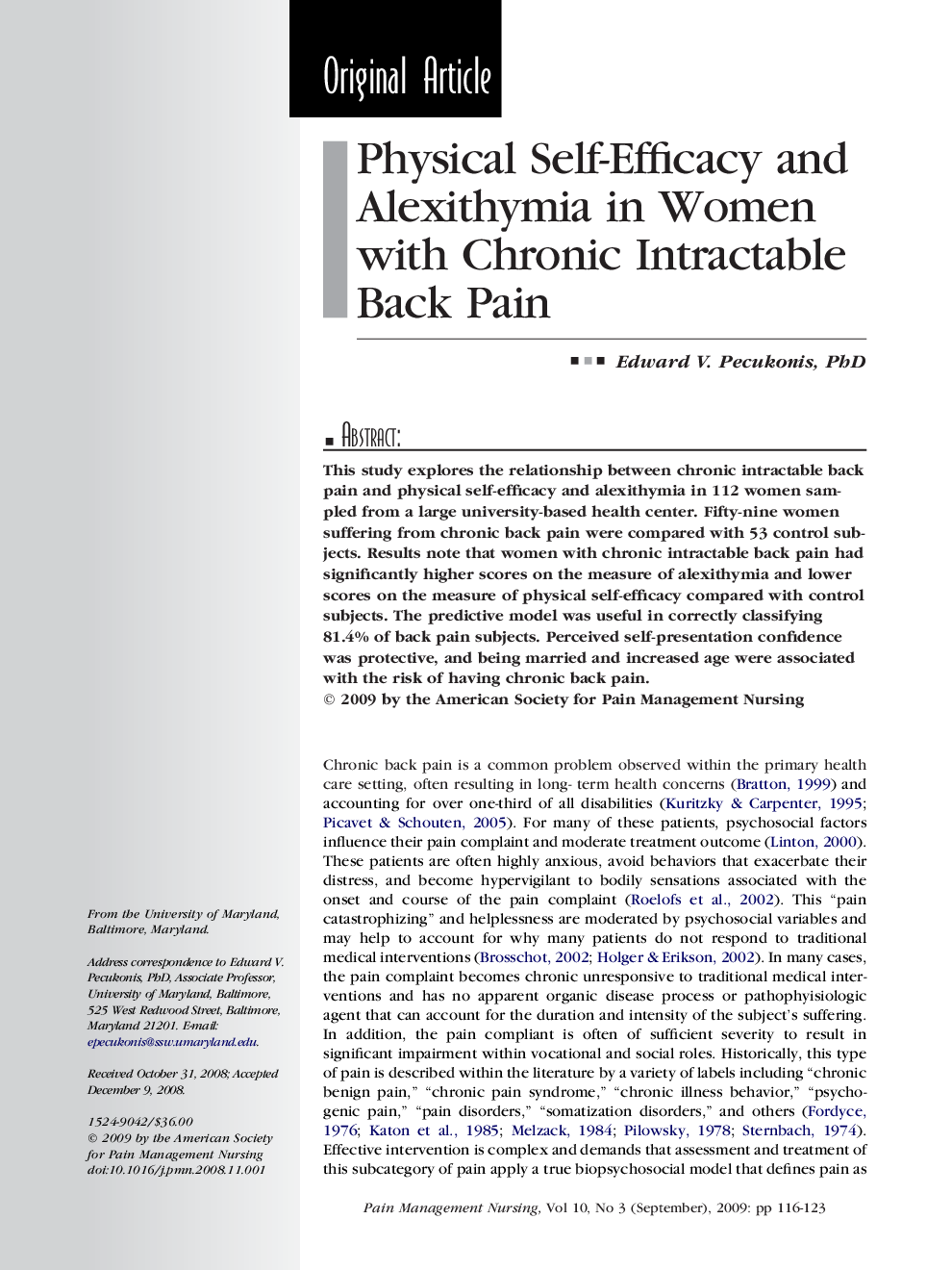 Physical Self-Efficacy and Alexithymia in Women with Chronic Intractable Back Pain
