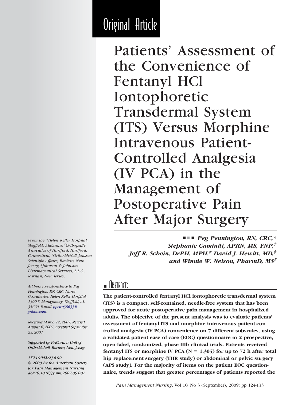 Patients' Assessment of the Convenience of Fentanyl HCl Iontophoretic Transdermal System (ITS) Versus Morphine Intravenous Patient-Controlled Analgesia (IV PCA) in the Management of Postoperative Pain After Major Surgery 
