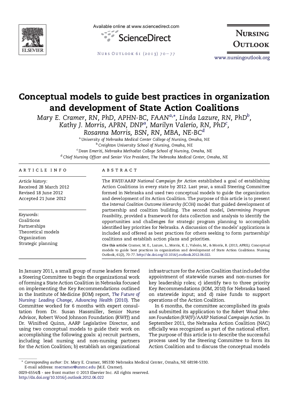 Conceptual models to guide best practices in organization and development of State Action Coalitions