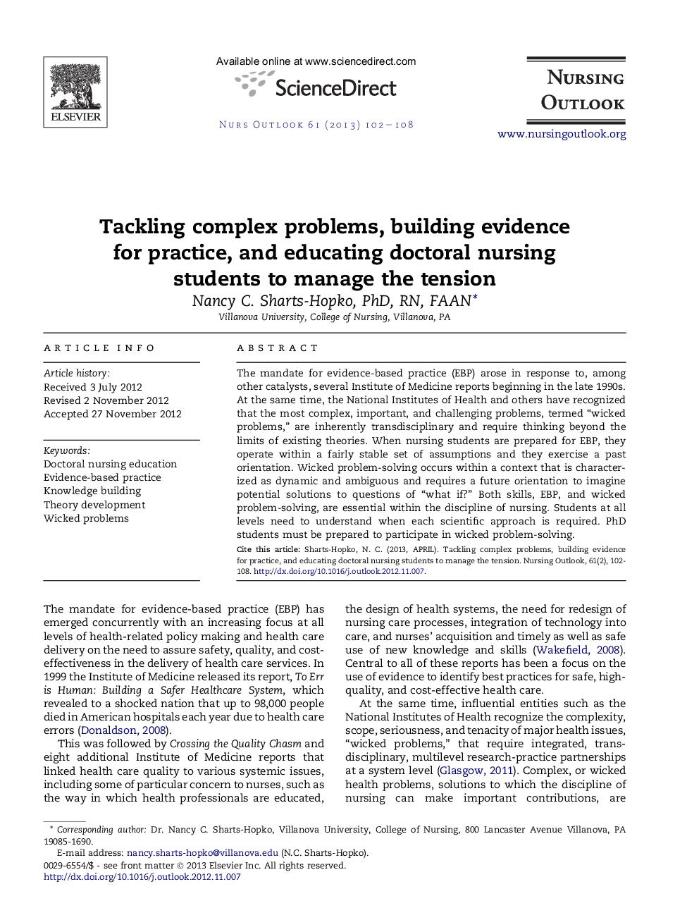 Tackling complex problems, building evidence for practice, and educating doctoral nursing students to manage the tension