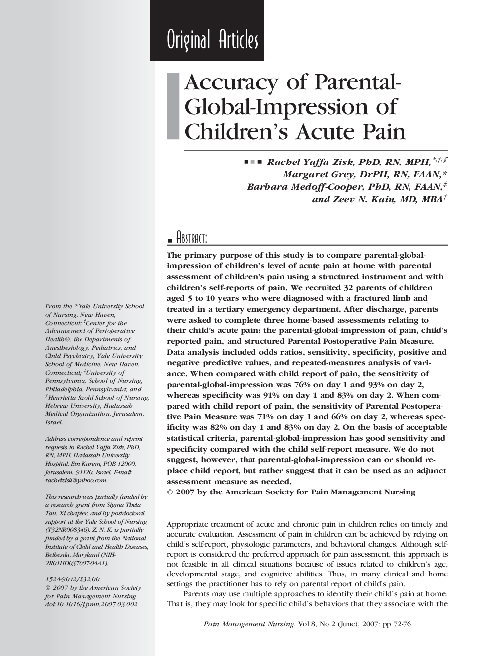 Accuracy of Parental-Global-Impression of Children’s Acute Pain 
