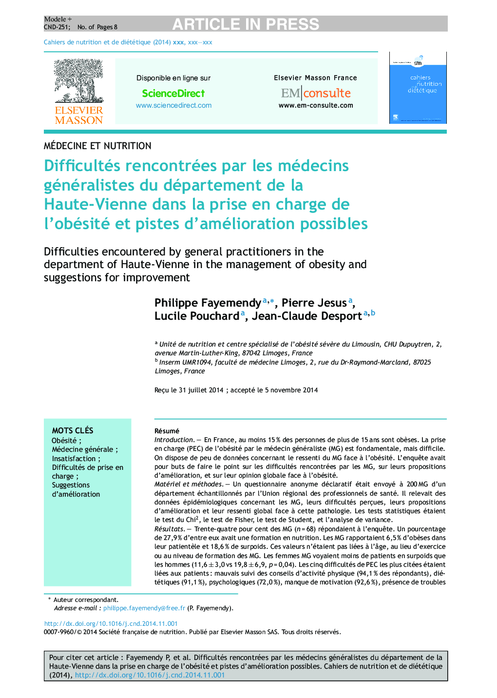 Difficultés rencontrées par les médecins généralistes du département de la Haute-Vienne dans la prise en charge de l'obésité et pistes d'amélioration possibles