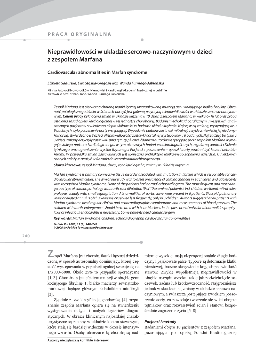 NieprawidÅowoÅci w ukÅadzie sercowo-naczyniowym u dzieci z zespoÅem Marfana