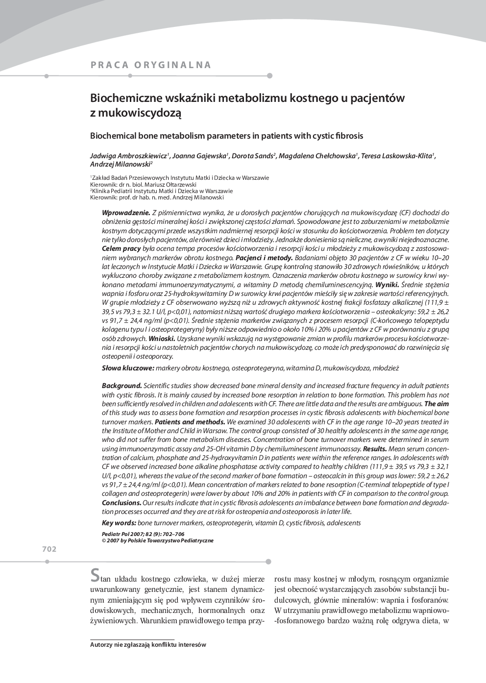 Biochemiczne wskaÅºniki metabolizmu kostnego u pacjentów z mukowiscydozÄ