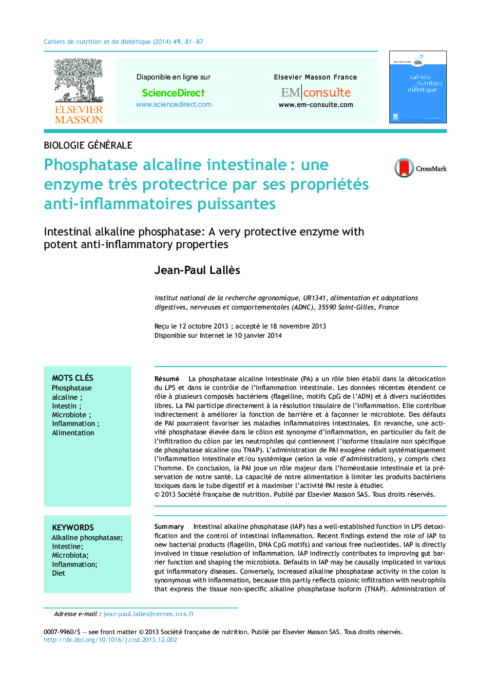 Phosphatase alcaline intestinaleÂ : une enzyme trÃ¨s protectrice par ses propriétés anti-inflammatoires puissantes