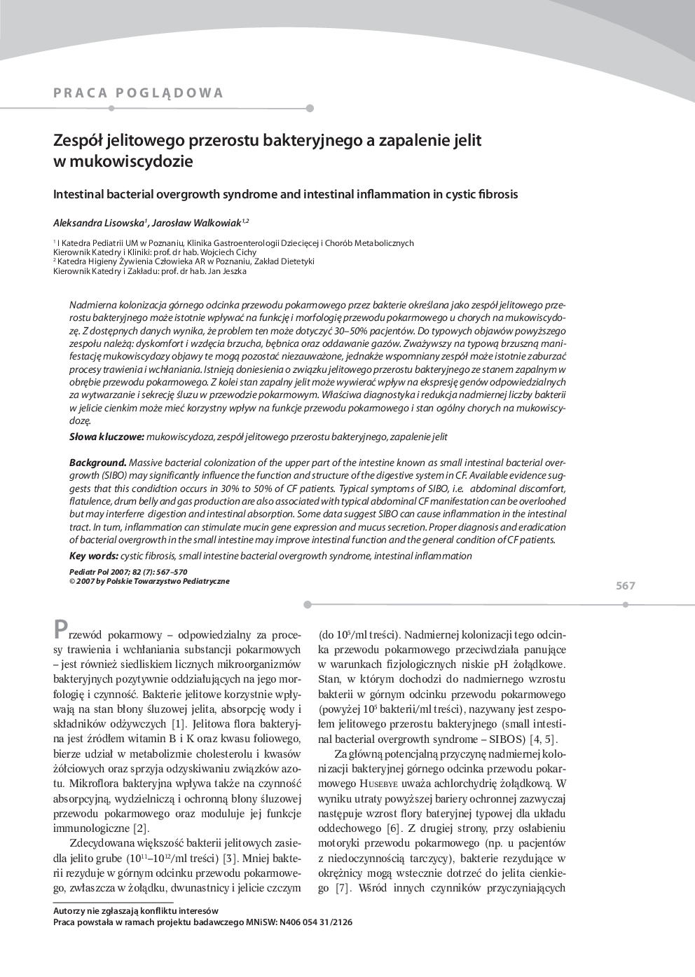 ZespóÅ jelitowego przerostu bakteryjnego a zapalenie jelit w mukowiscydozie