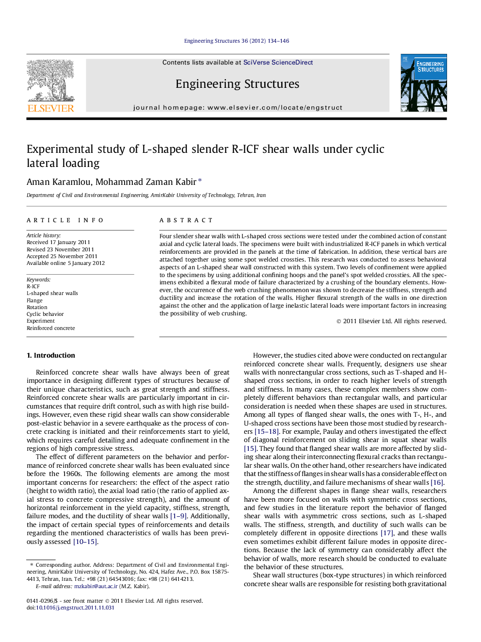 Experimental study of L-shaped slender R-ICF shear walls under cyclic lateral loading