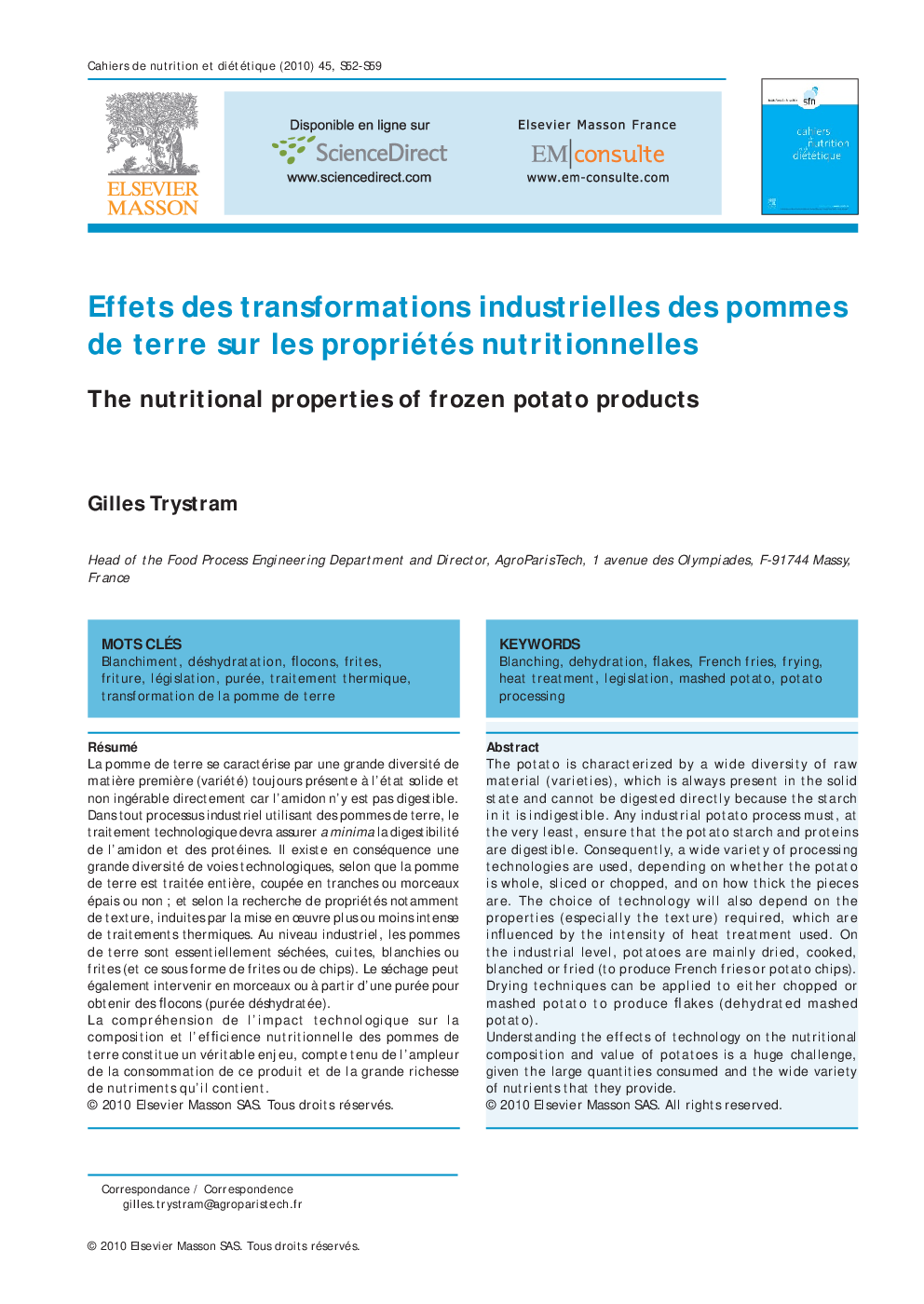 Effets des transformations industrielles des pommes de terre sur les propriétés nutritionnelles