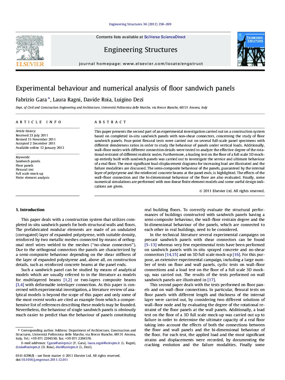 Experimental behaviour and numerical analysis of floor sandwich panels