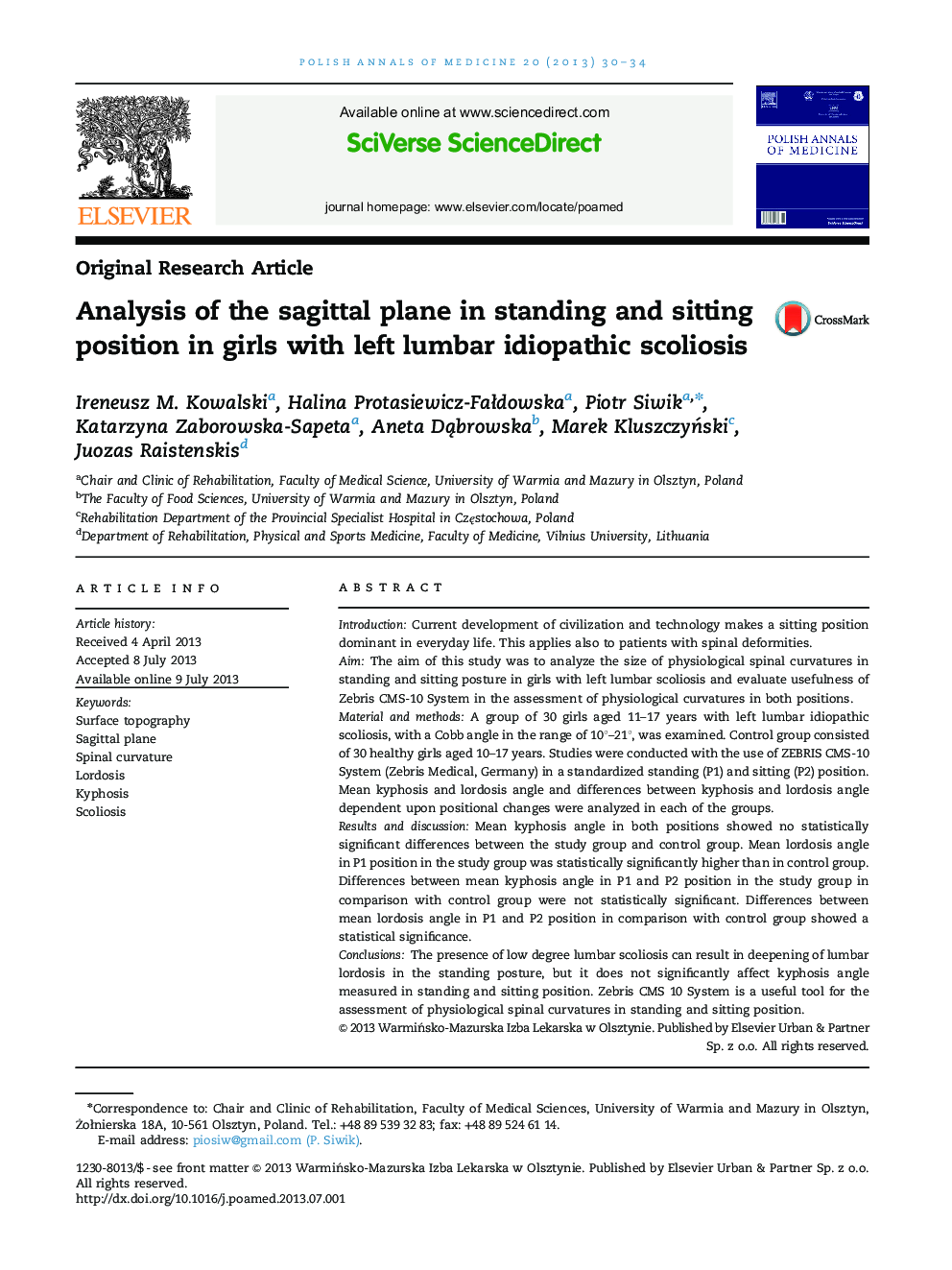Analysis of the sagittal plane in standing and sitting position in girls with left lumbar idiopathic scoliosis