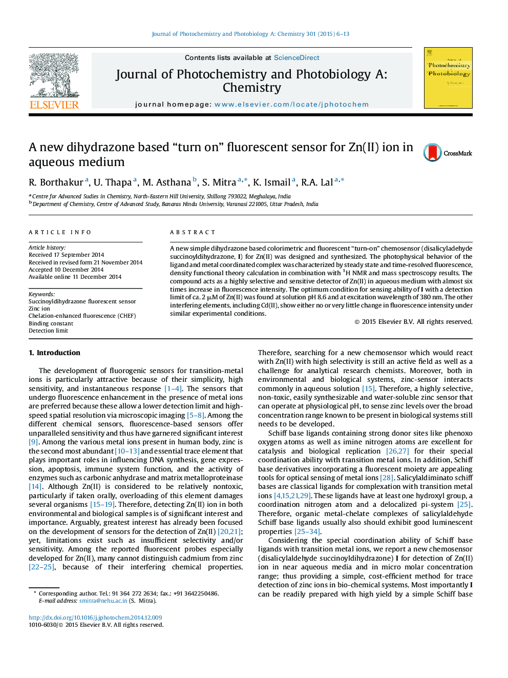 A new dihydrazone based “turn on” fluorescent sensor for Zn(II) ion in aqueous medium