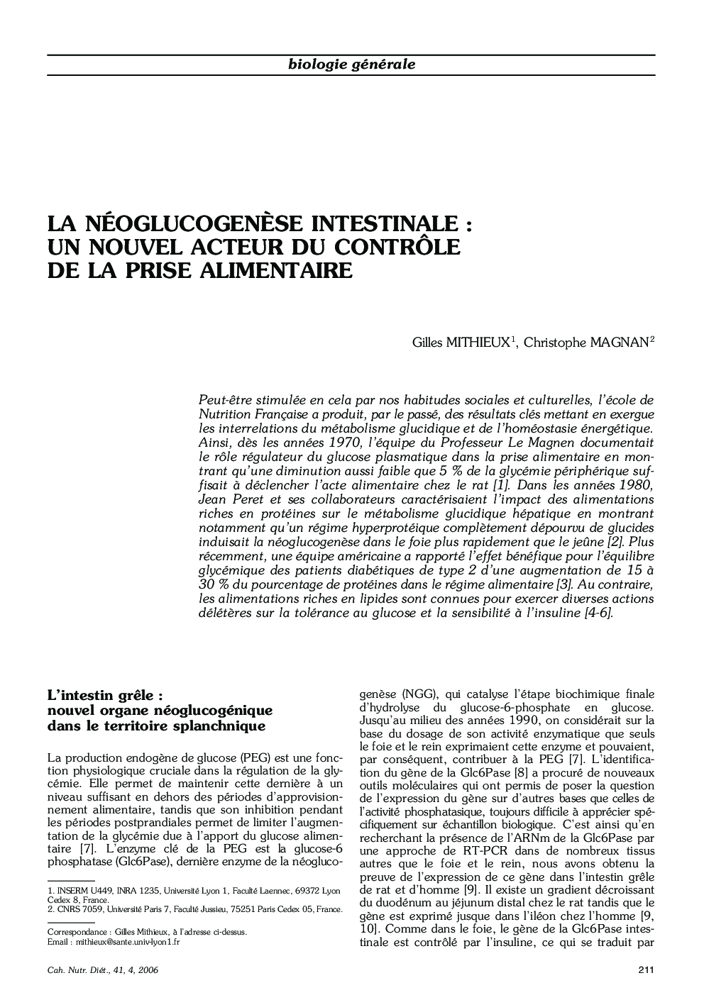 La néoglucogenÃ¨se intestinale: un nouvel acteur du contrÃ´le de la prise alimentaire