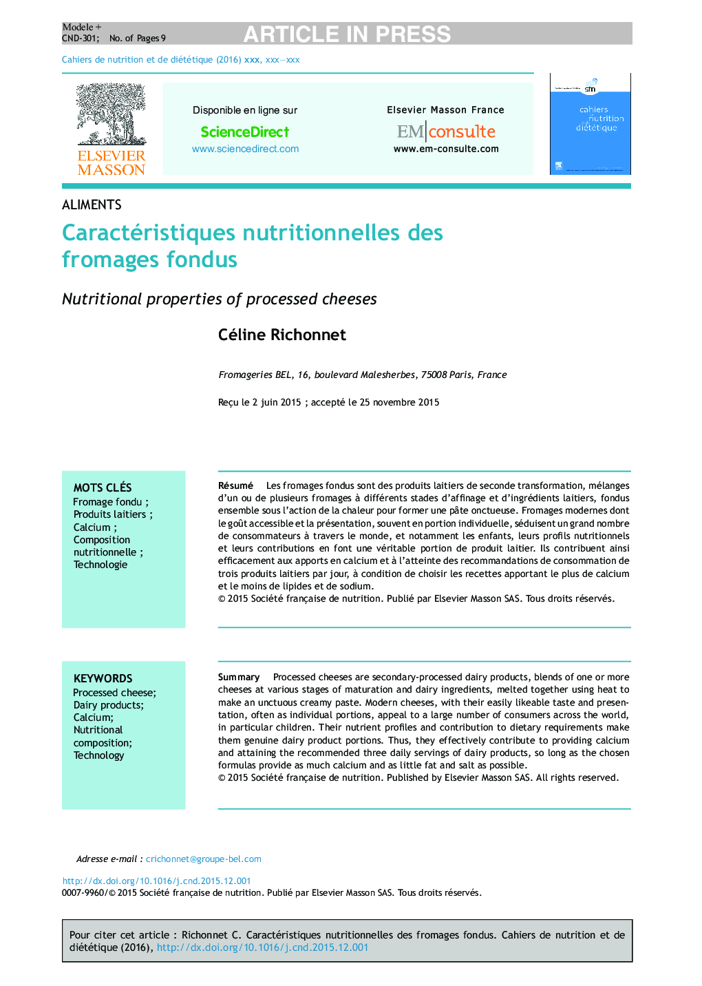 عکس صفحه اول مقاله: Caractéristiques nutritionnelles des fromages fondus Caractéristiques nutritionnelles des fromages fondus