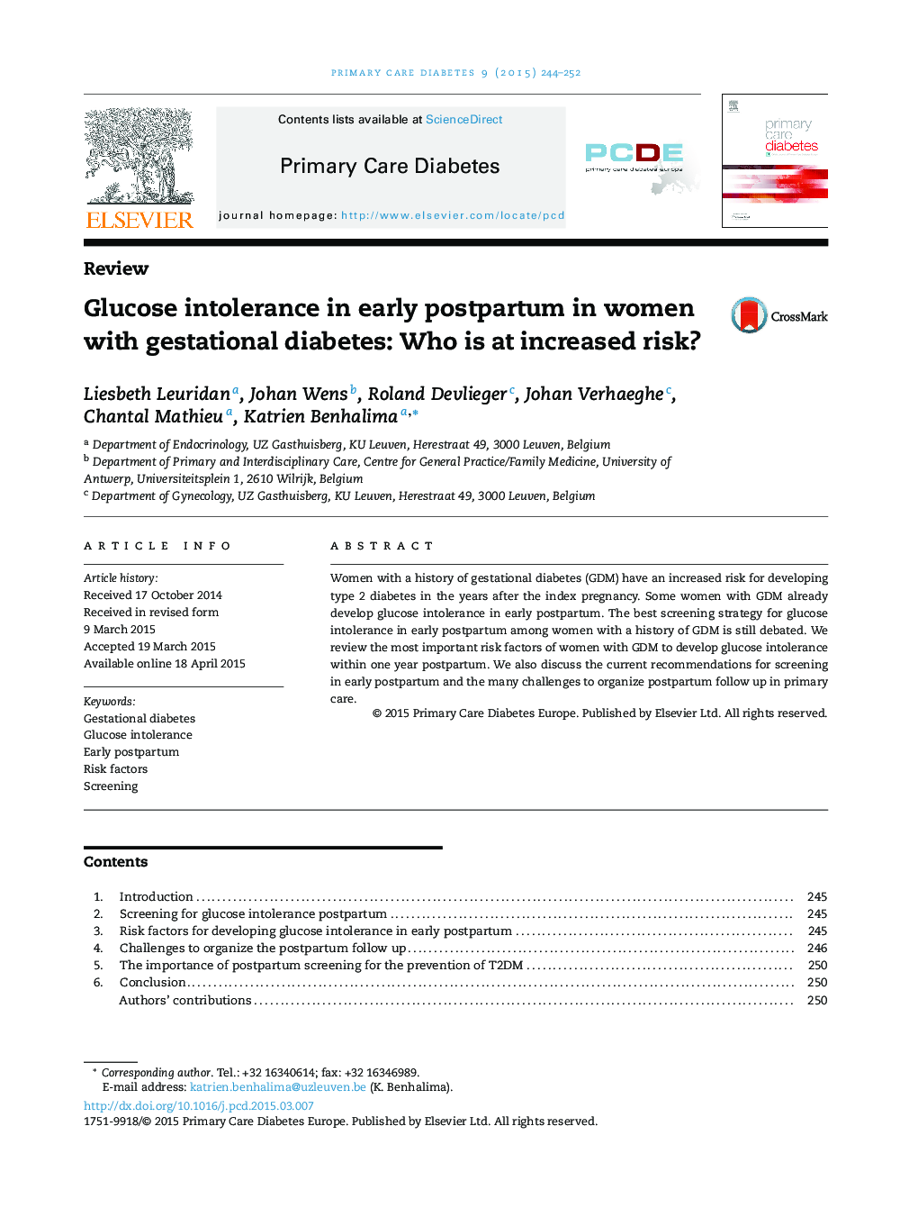 Glucose intolerance in early postpartum in women with gestational diabetes: Who is at increased risk?