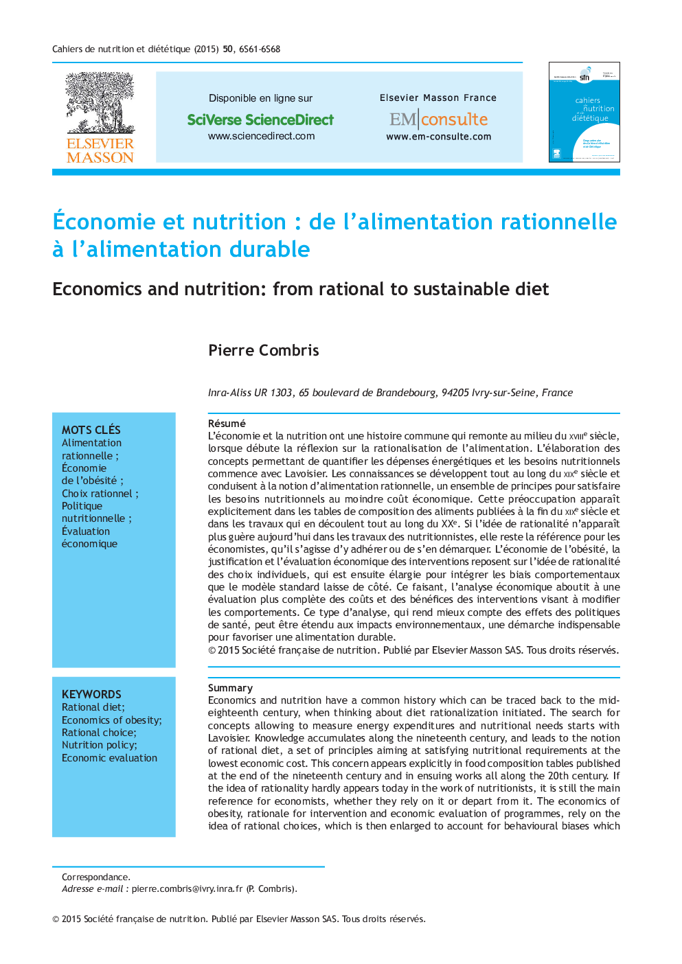 Ãconomie et nutrition : de l'alimentation rationnelle Ã  l'alimentation durable