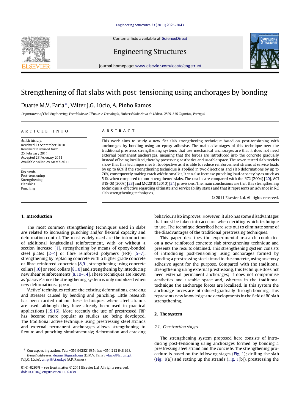 Strengthening of flat slabs with post-tensioning using anchorages by bonding