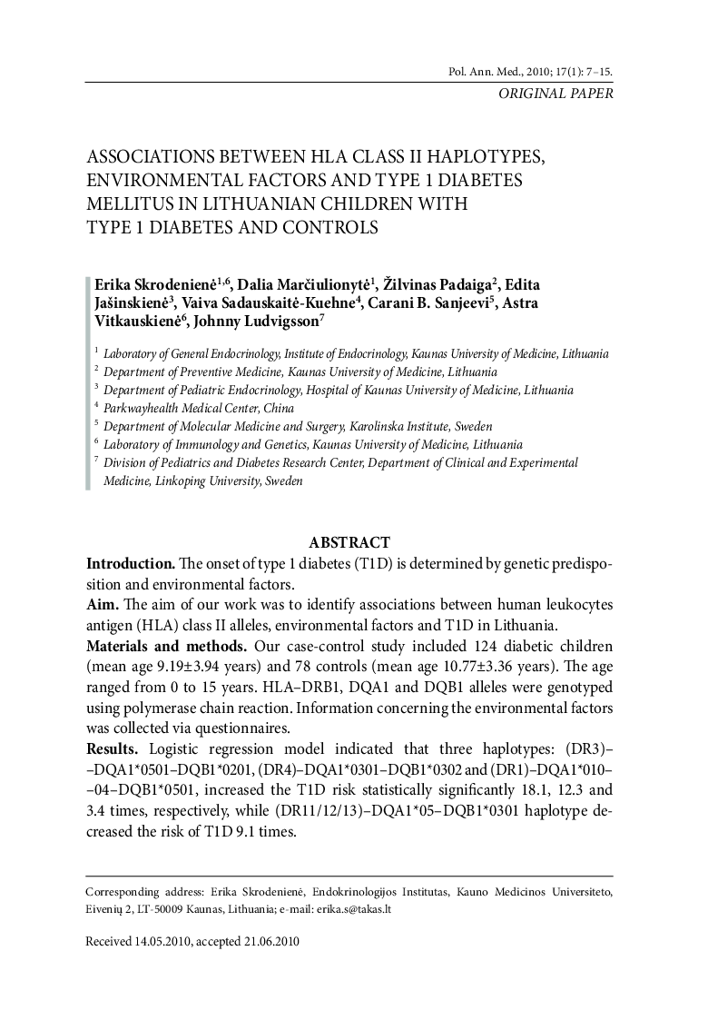 Associations between HLA class II haplotypes, environmental factors and type 1 diabetes mellitus in Lithuanian children with type 1 diabetes and controls