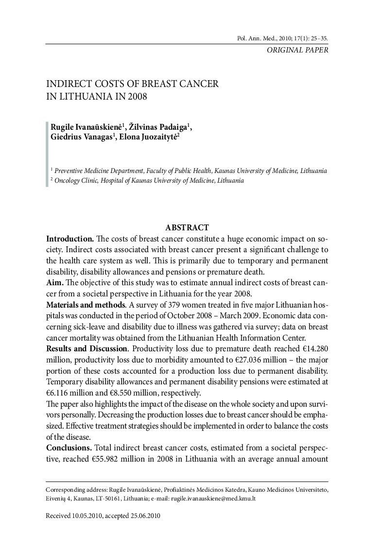Indirect costs of breast cancer in Lithuania in 2008