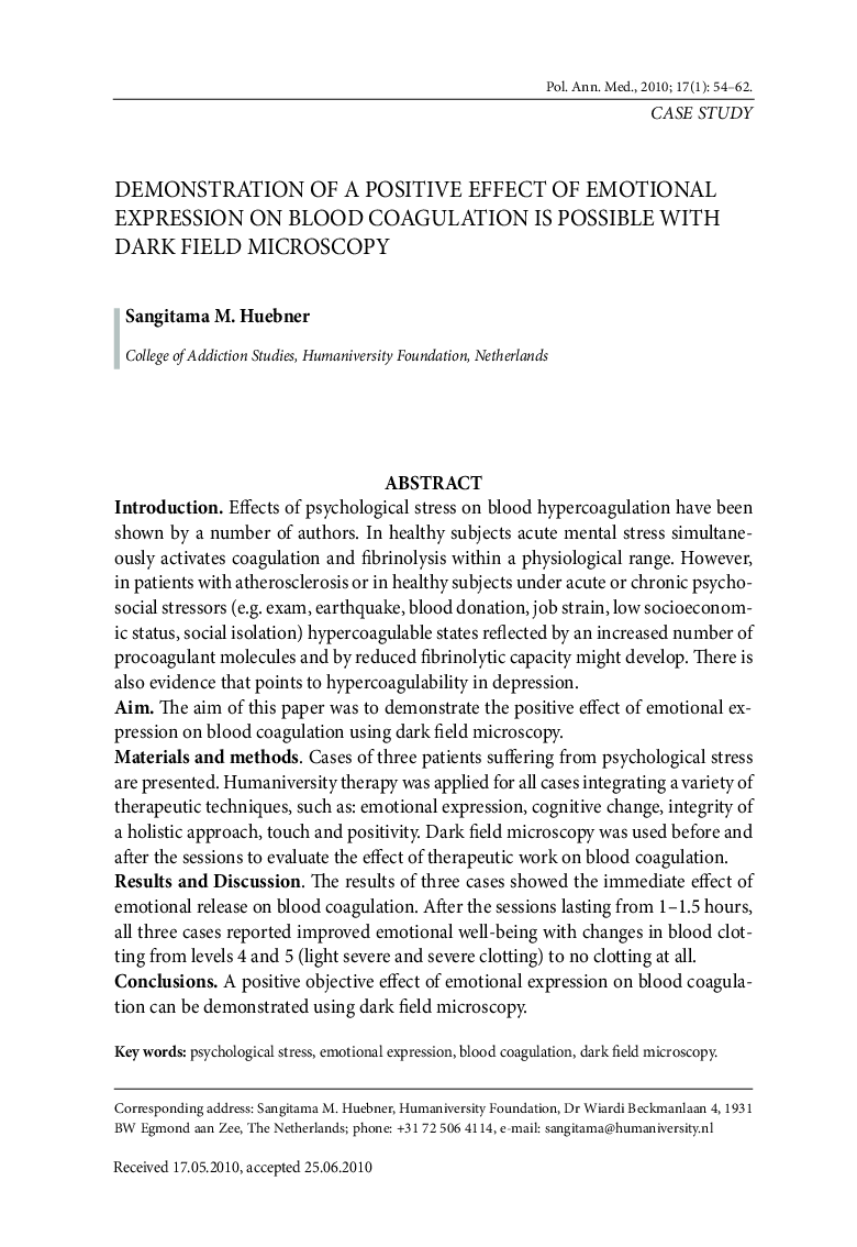Demonstration of a positive effect of emotional expression on blood coagulation is possible with dark field microscopy