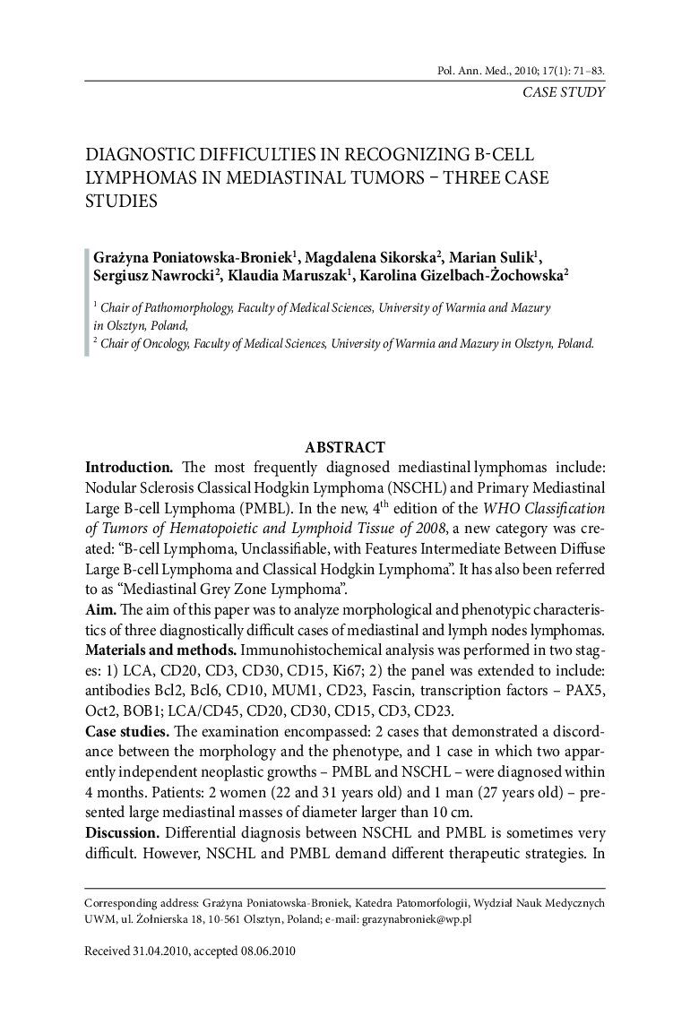 Diagnostic difficulties in recognizing B-cell lymphomas in mediastinal tumors – three case studies