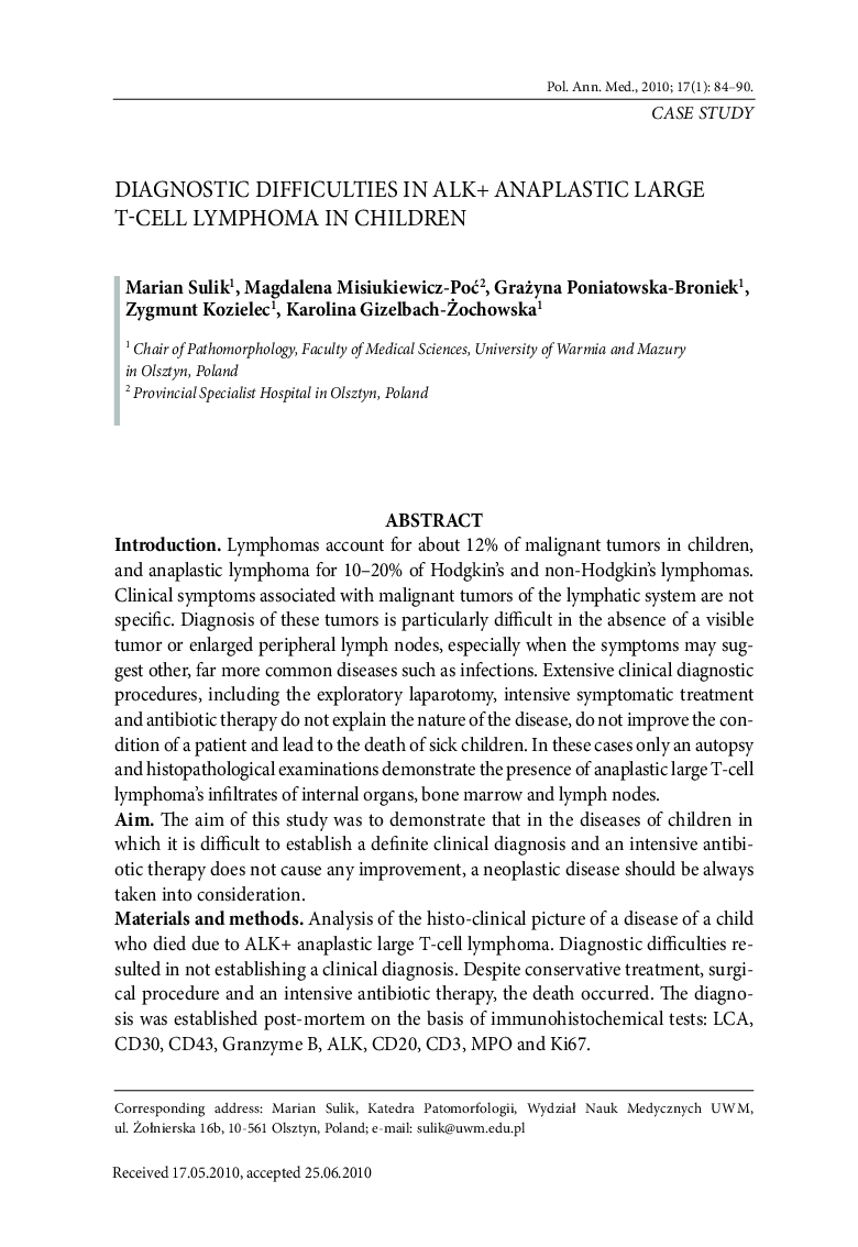 Diagnostic difficulties in ALK+ anaplastic large T-cell lymphoma in children