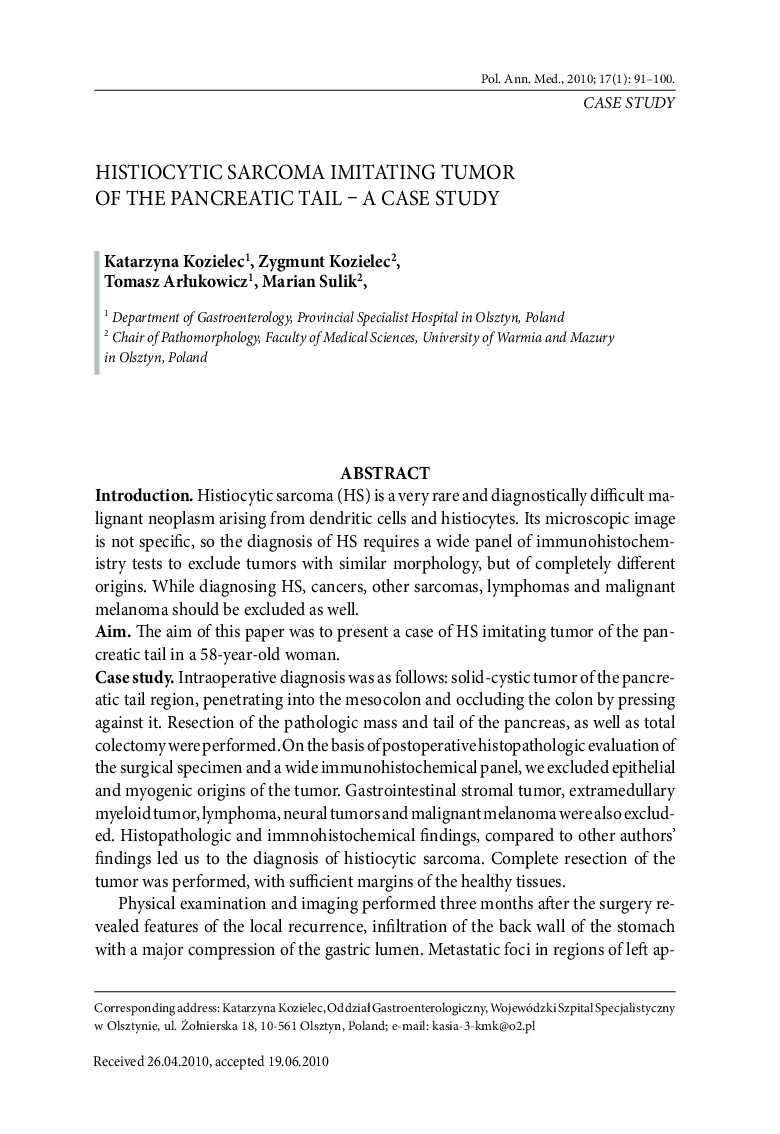 عکس صفحه اول مقاله: Histiocytic sarcoma imitating tumor of the pancreatic tail – a case study Histiocytic sarcoma imitating tumor of the pancreatic tail – a case study