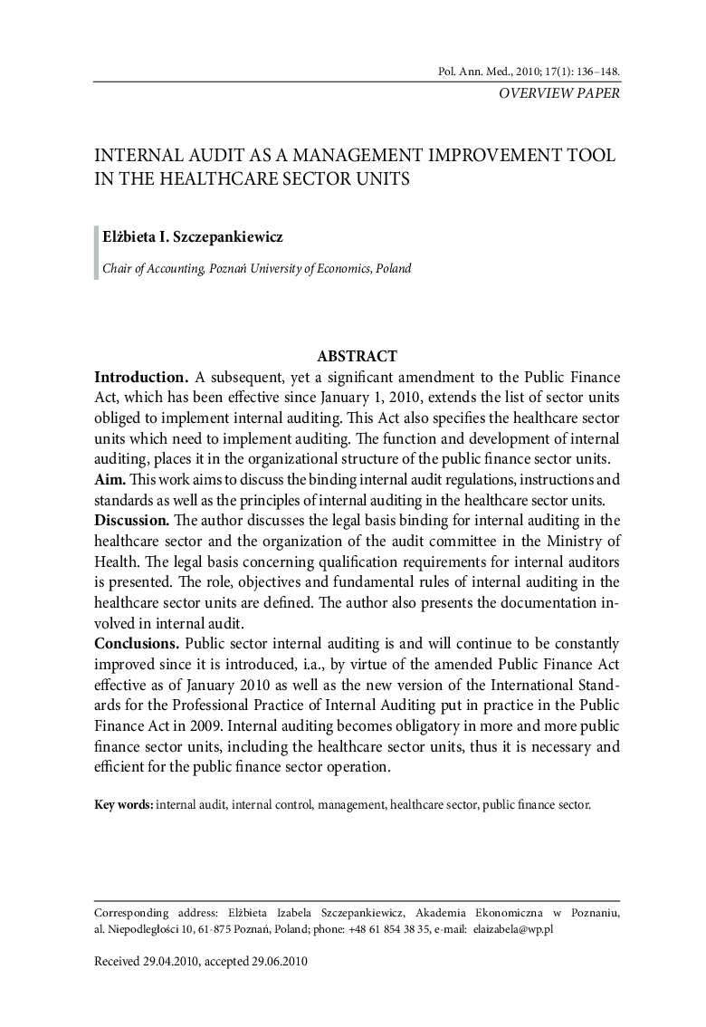 Internal audit as a management improvement tool in the healthcare sector units