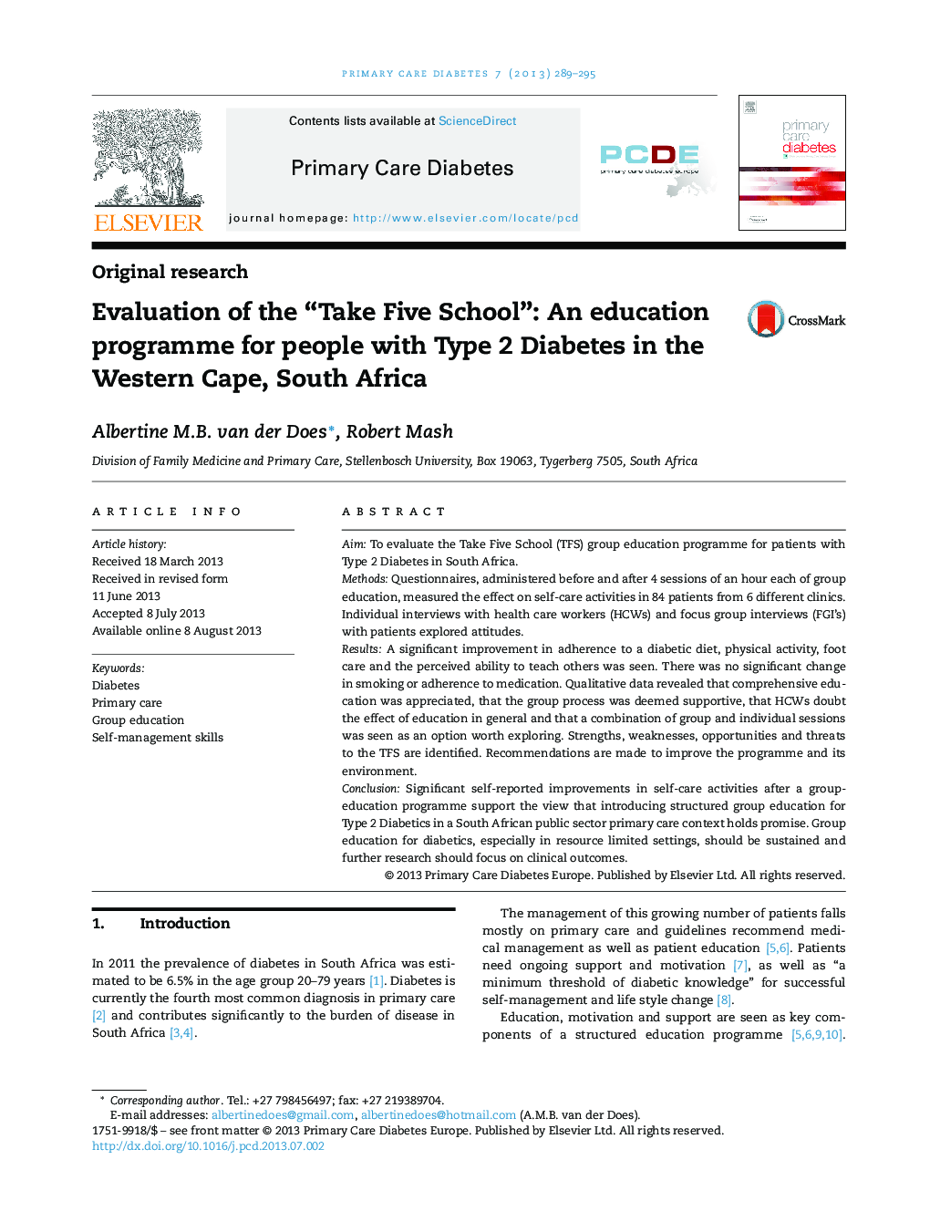 Evaluation of the “Take Five School”: An education programme for people with Type 2 Diabetes in the Western Cape, South Africa