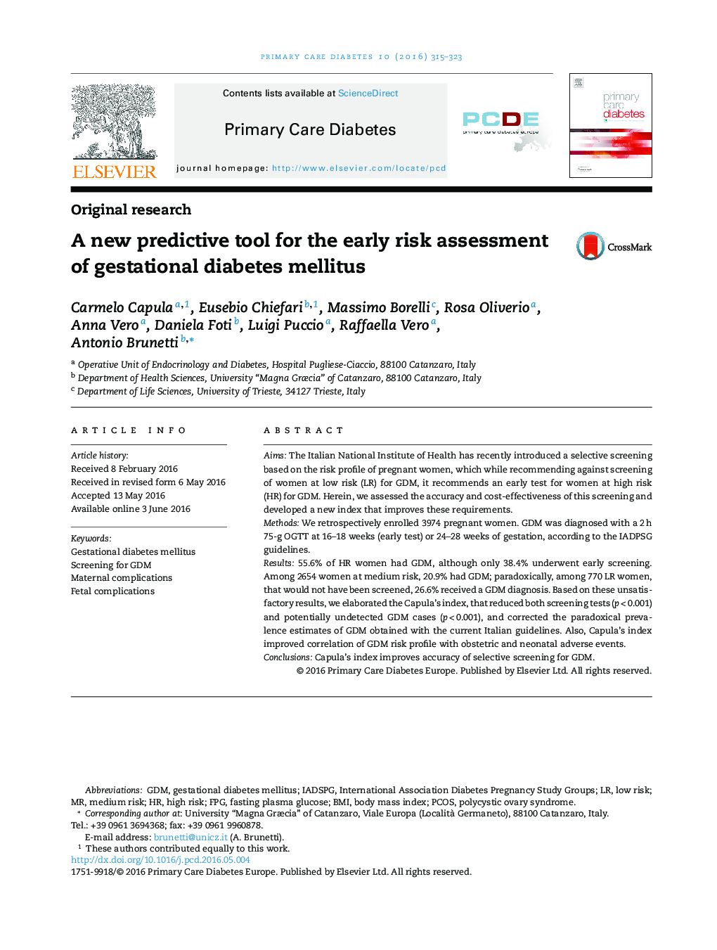 A new predictive tool for the early risk assessment of gestational diabetes mellitus