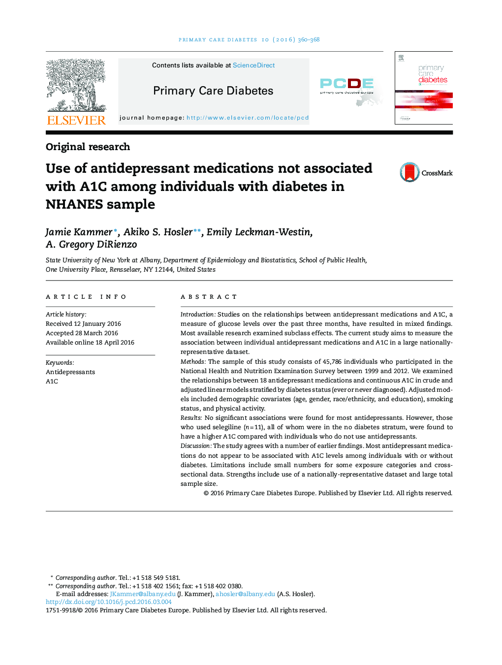 Use of antidepressant medications not associated with A1C among individuals with diabetes in NHANES sample