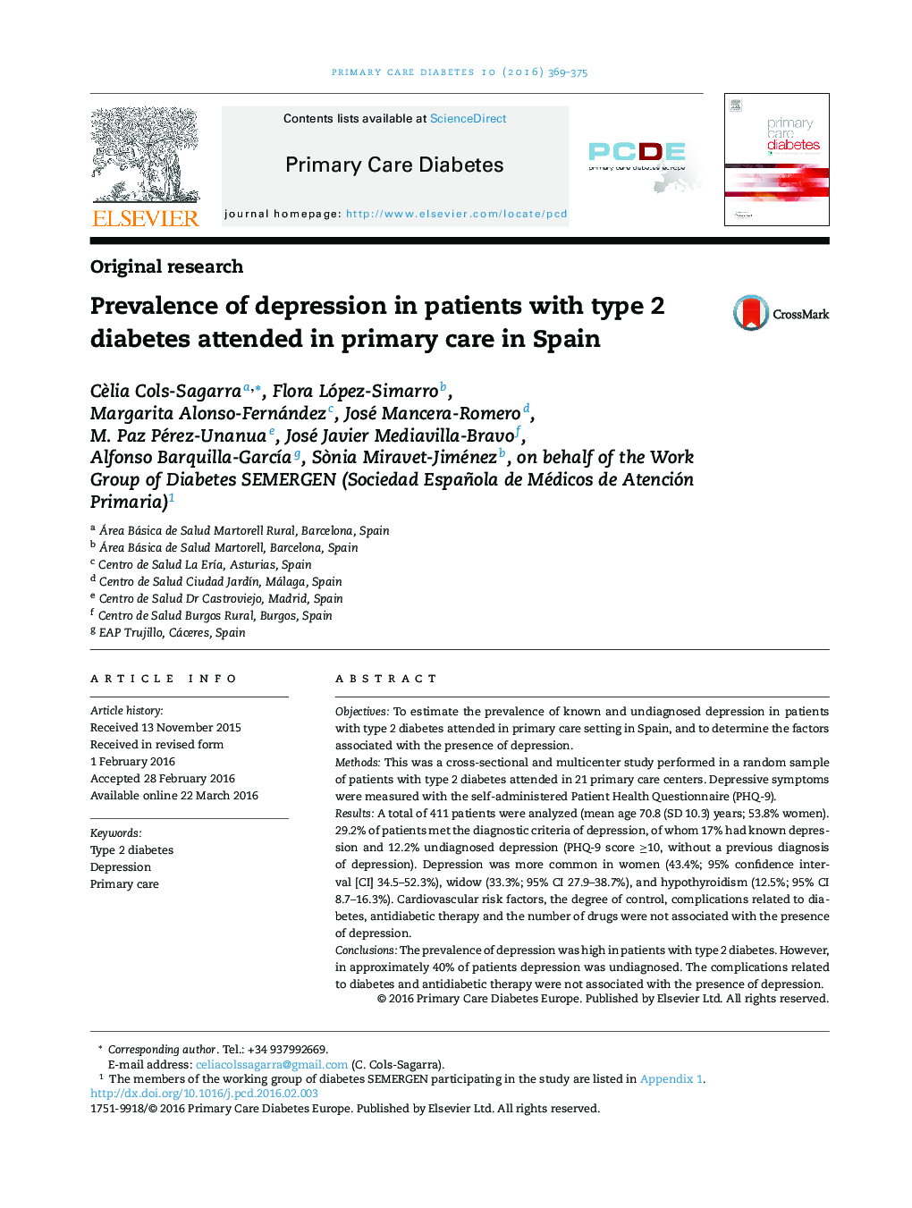 Prevalence of depression in patients with type 2 diabetes attended in primary care in Spain