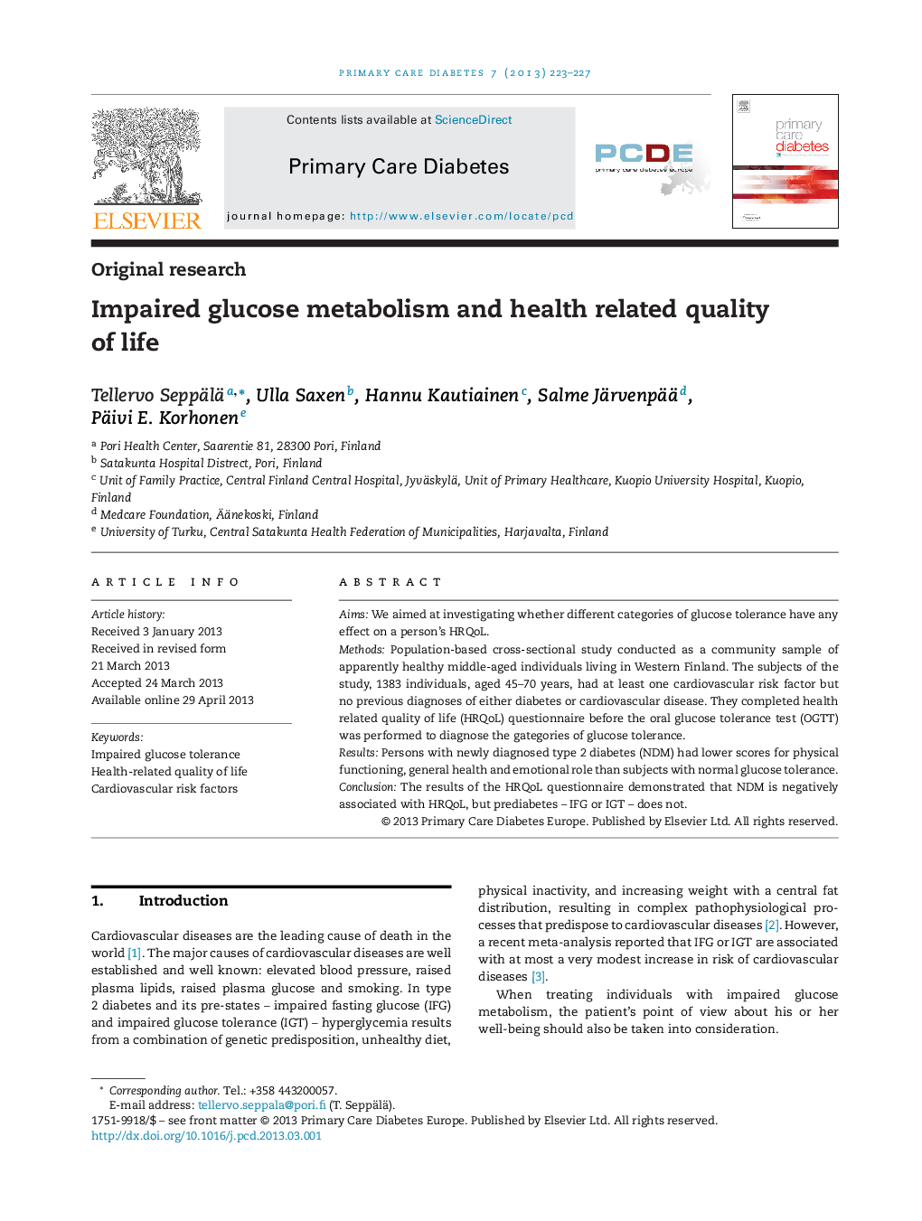 Impaired glucose metabolism and health related quality of life