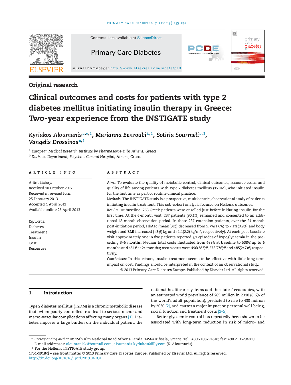 عکس صفحه اول مقاله: Clinical outcomes and costs for patients with type 2 diabetes mellitus initiating insulin therapy in Greece: Two-year experience from the INSTIGATE study Clinical outcomes and costs for patients with type 2 diabetes mellitus initiating insulin therapy in Greece: Two-year experience from the INSTIGATE study