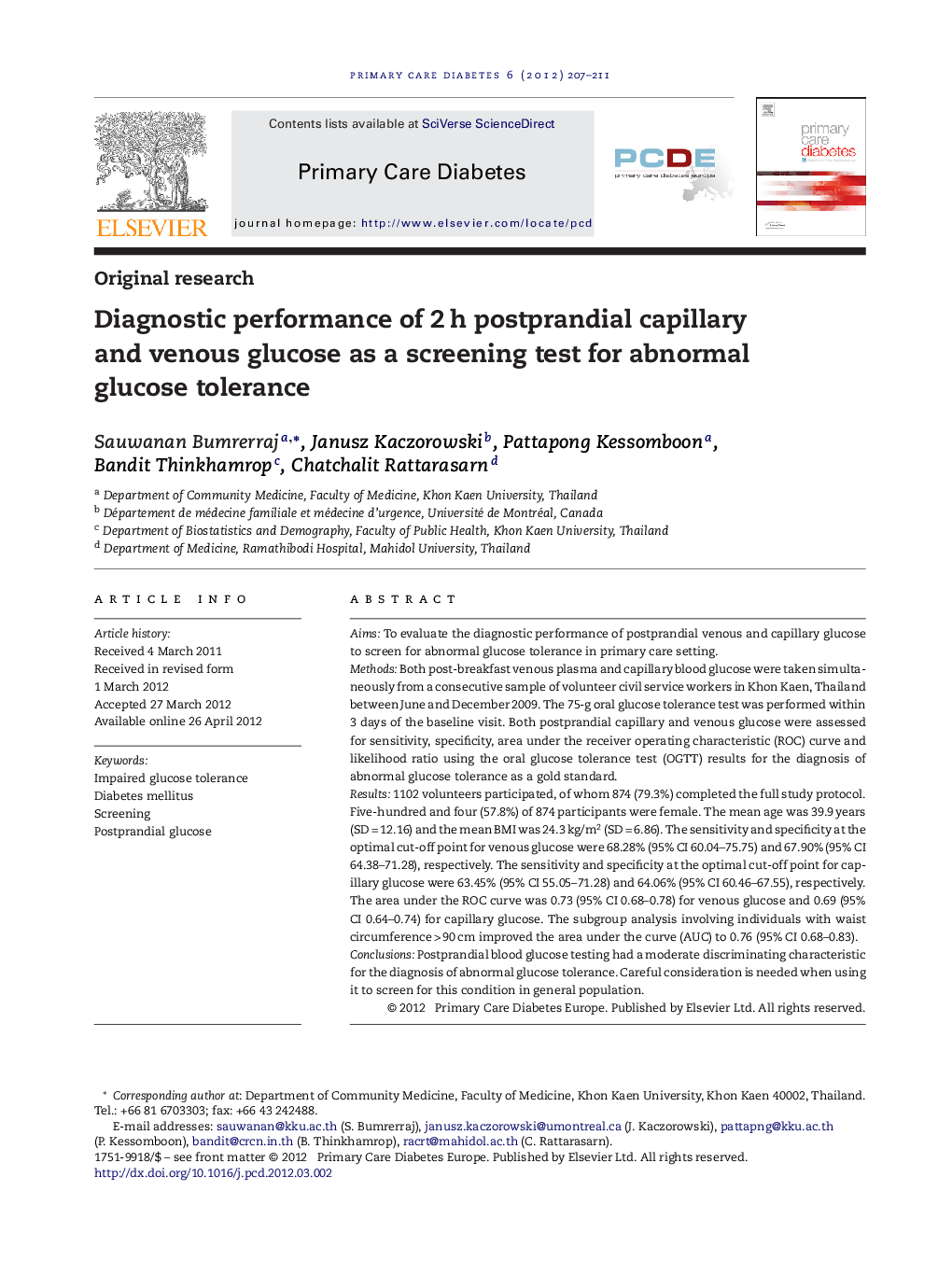 Diagnostic performance of 2 h postprandial capillary and venous glucose as a screening test for abnormal glucose tolerance