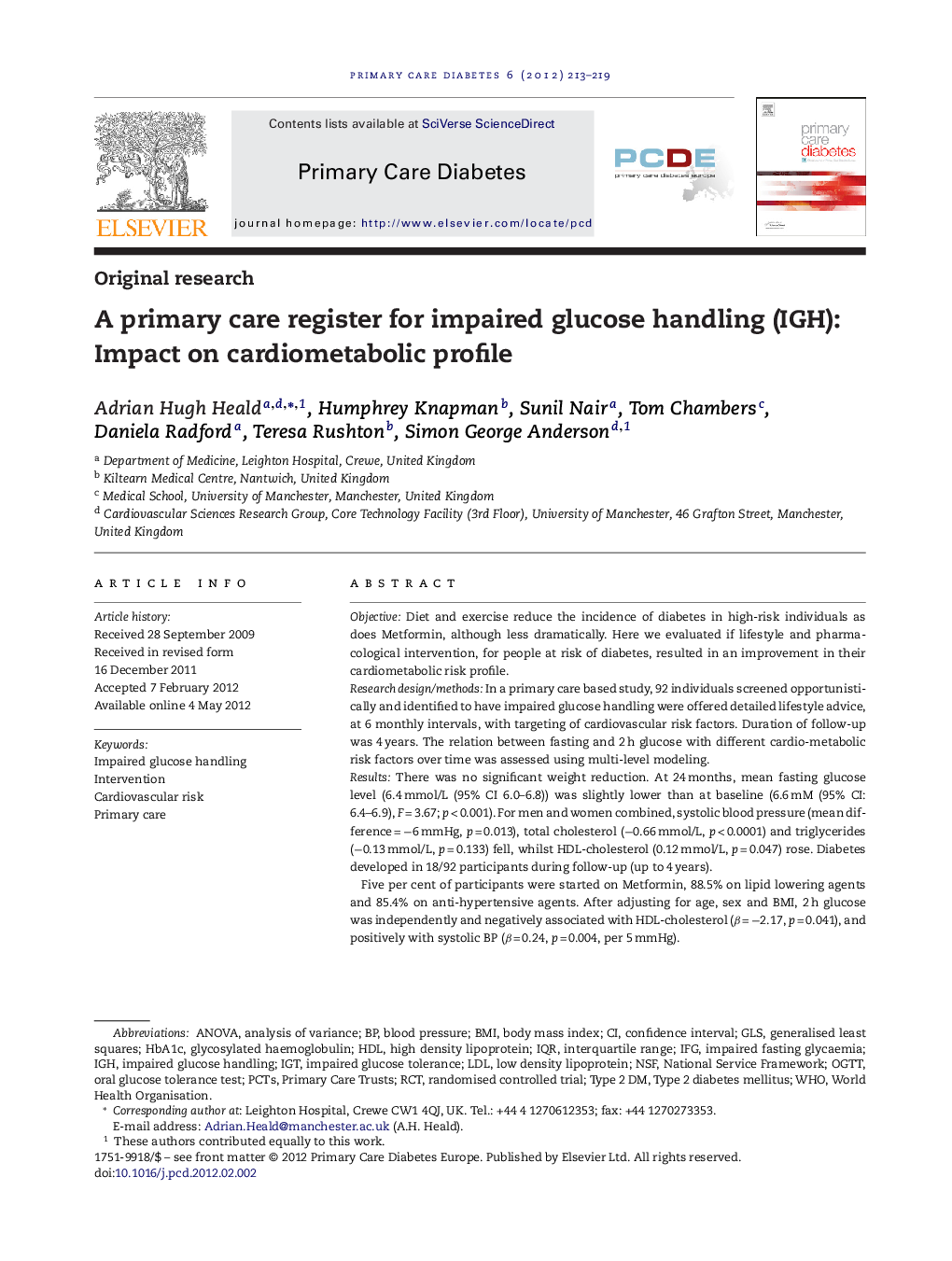 A primary care register for impaired glucose handling (IGH): Impact on cardiometabolic profile