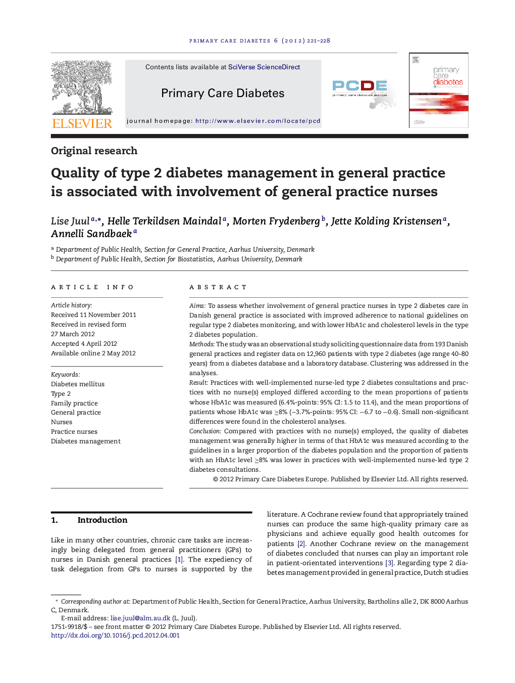 Quality of type 2 diabetes management in general practice is associated with involvement of general practice nurses