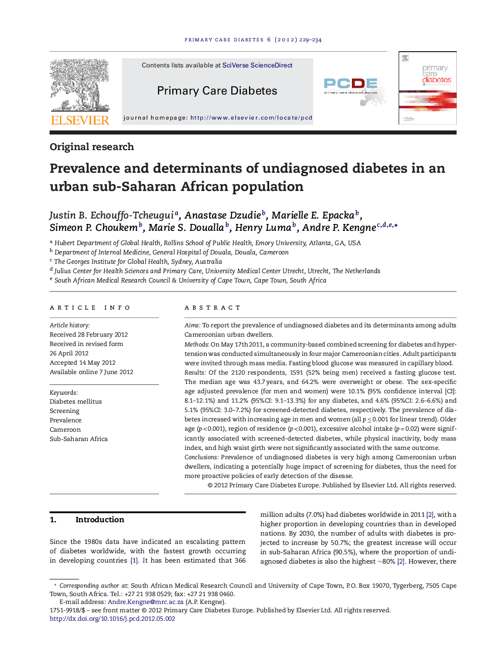 Prevalence and determinants of undiagnosed diabetes in an urban sub-Saharan African population