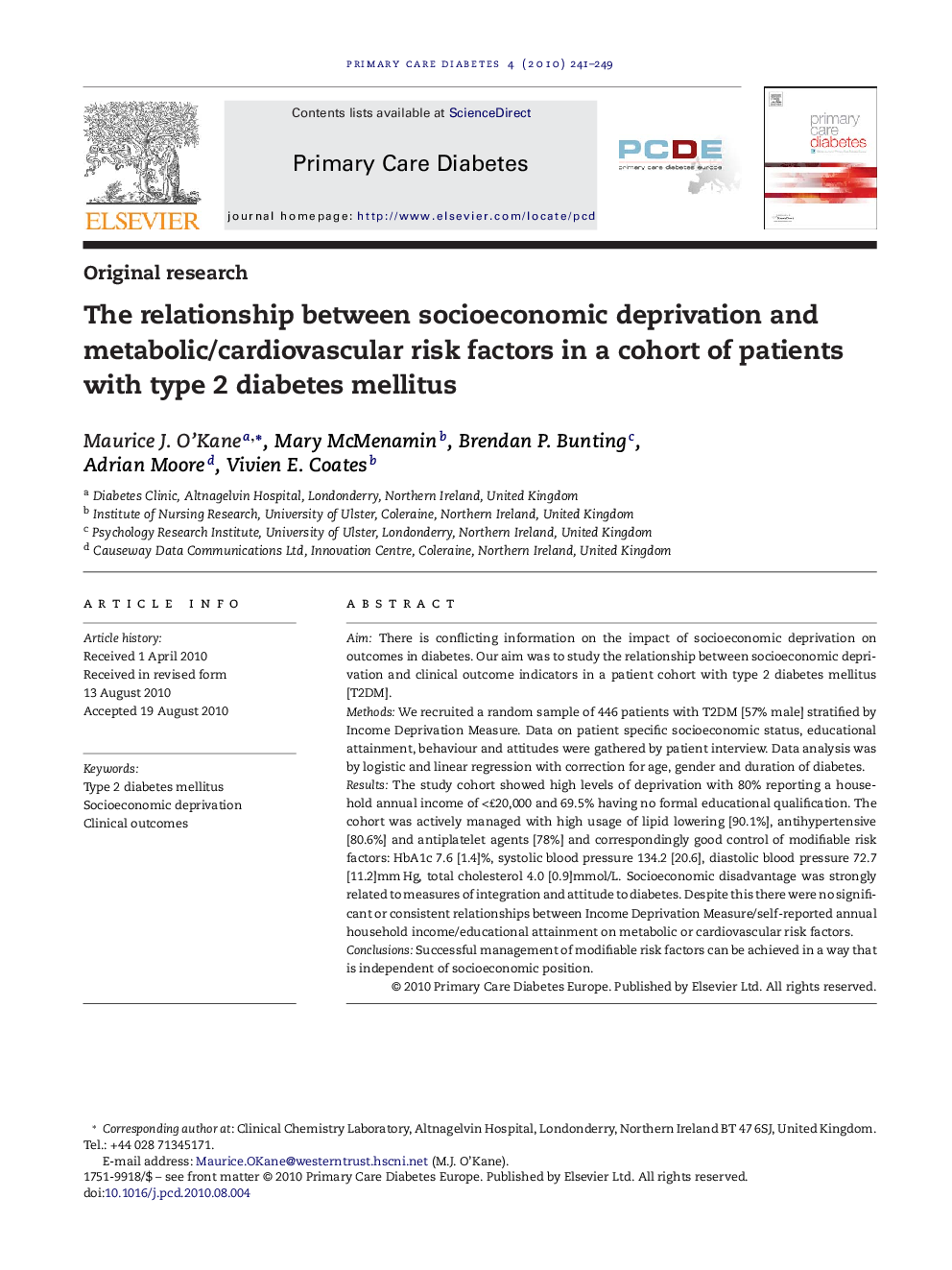 The relationship between socioeconomic deprivation and metabolic/cardiovascular risk factors in a cohort of patients with type 2 diabetes mellitus