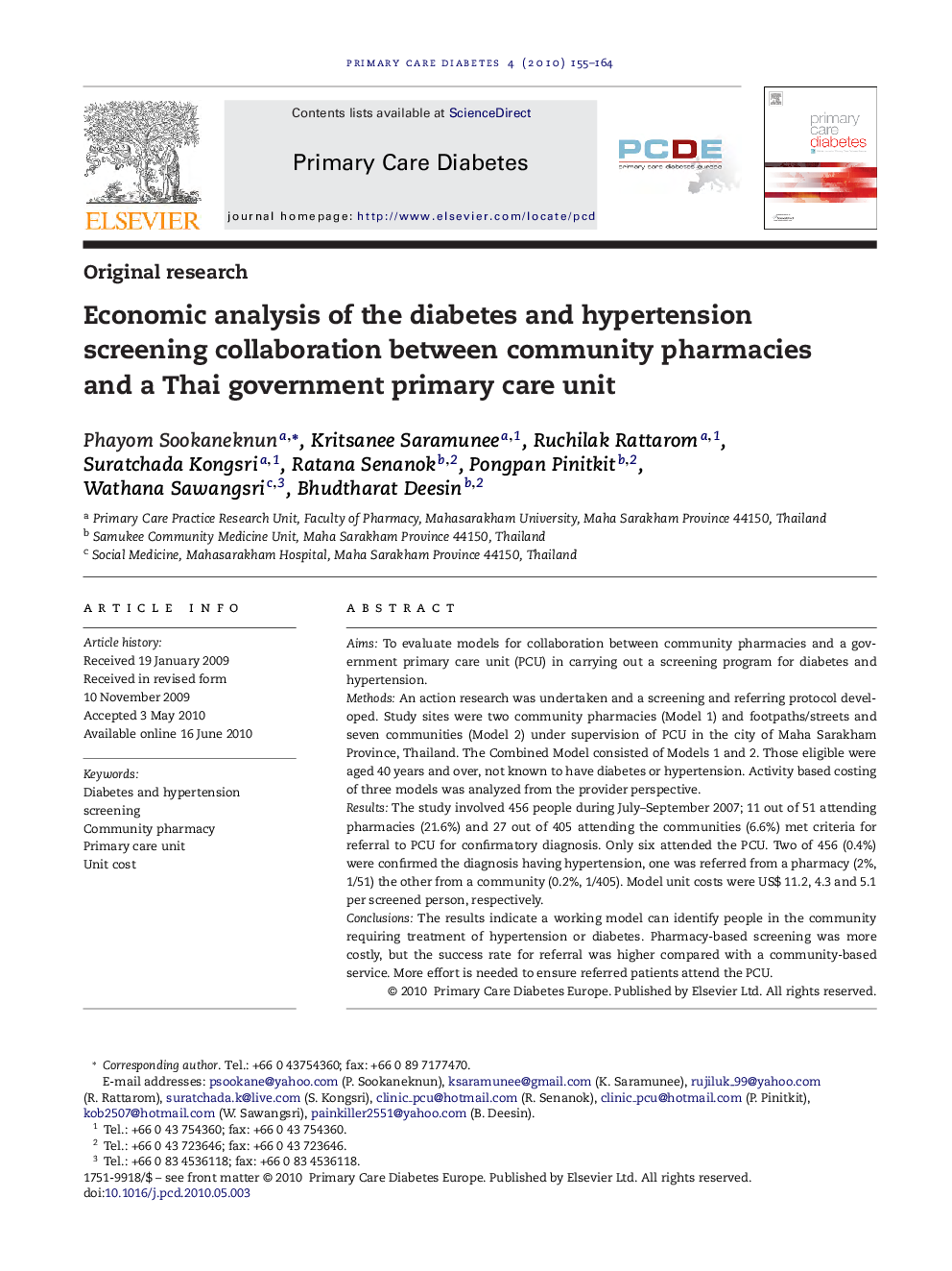 Economic analysis of the diabetes and hypertension screening collaboration between community pharmacies and a Thai government primary care unit