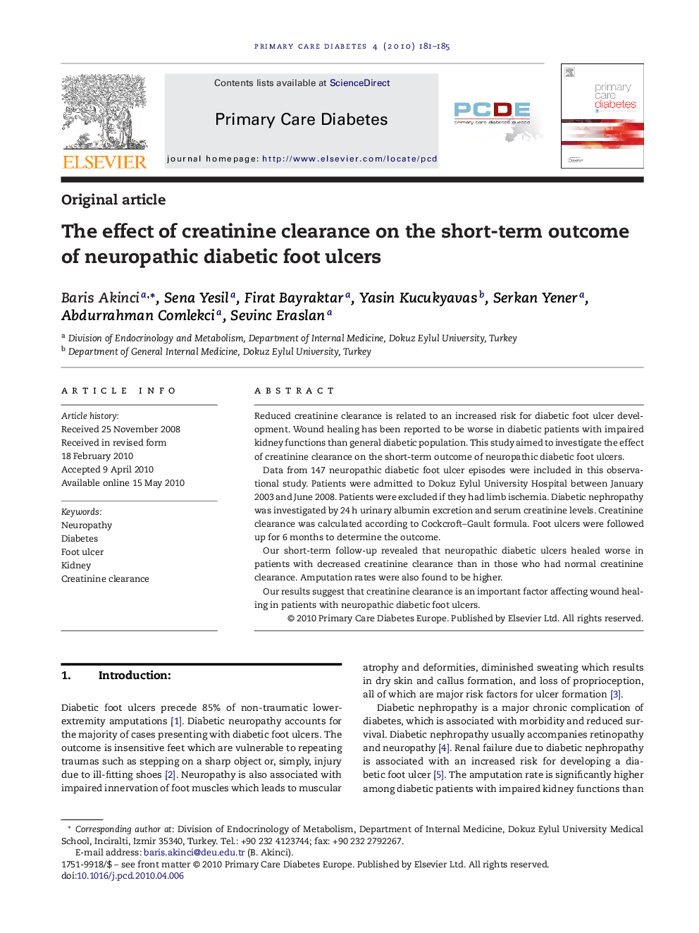 The effect of creatinine clearance on the short-term outcome of neuropathic diabetic foot ulcers