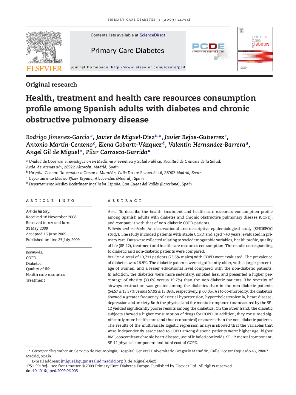 Health, treatment and health care resources consumption profile among Spanish adults with diabetes and chronic obstructive pulmonary disease