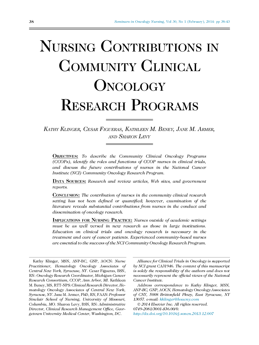 Nursing Contributions in Community Clinical Oncology Research Programs 