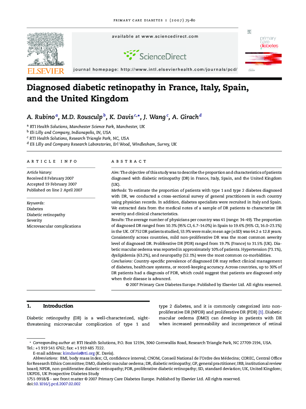 Diagnosed diabetic retinopathy in France, Italy, Spain, and the United Kingdom