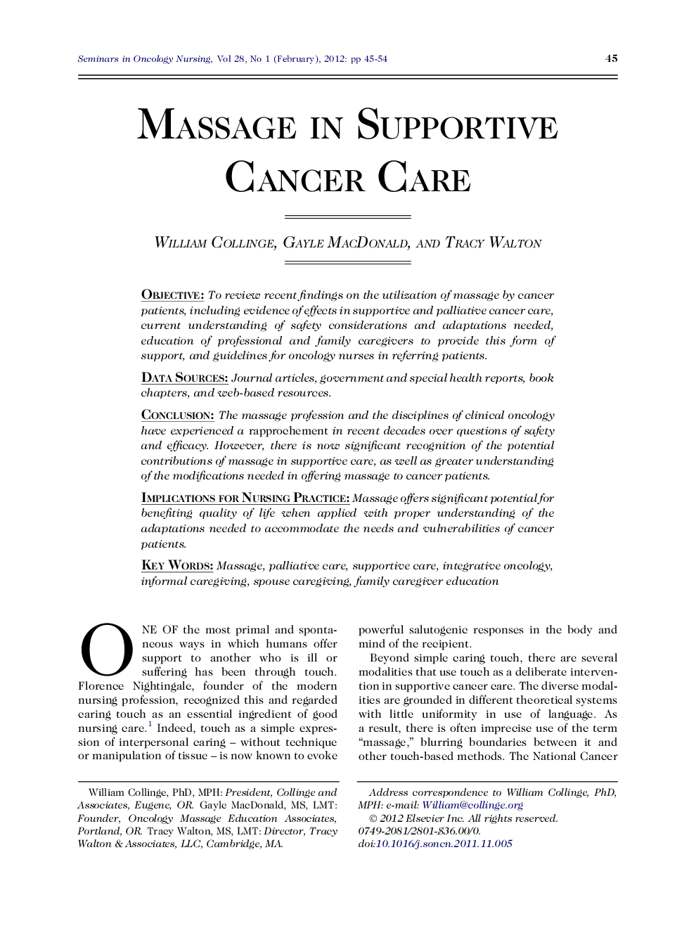 Massage in Supportive Cancer Care