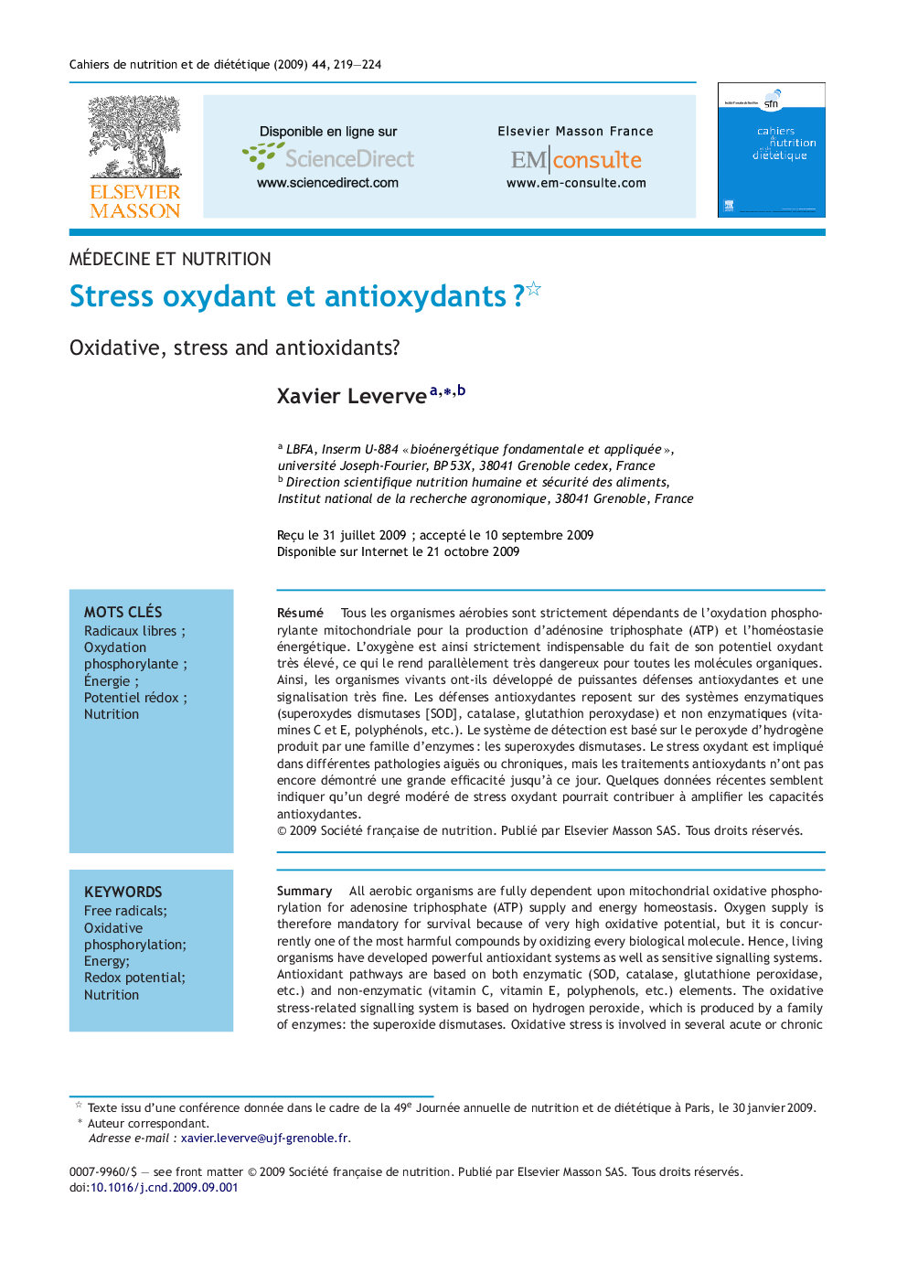 Stress oxydant et antioxydantsÂ ?